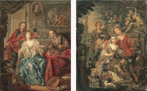 Johann Georg Platzer - A young couple and a huntsman in a woodland garden; and An old man, his wife and her lover in an interior