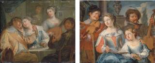 Johann Georg Platzer - An amorous couple eating and drinking with musicians in an interior; and An elegant young woman and girl with musicians by a column, a landscape beyond
