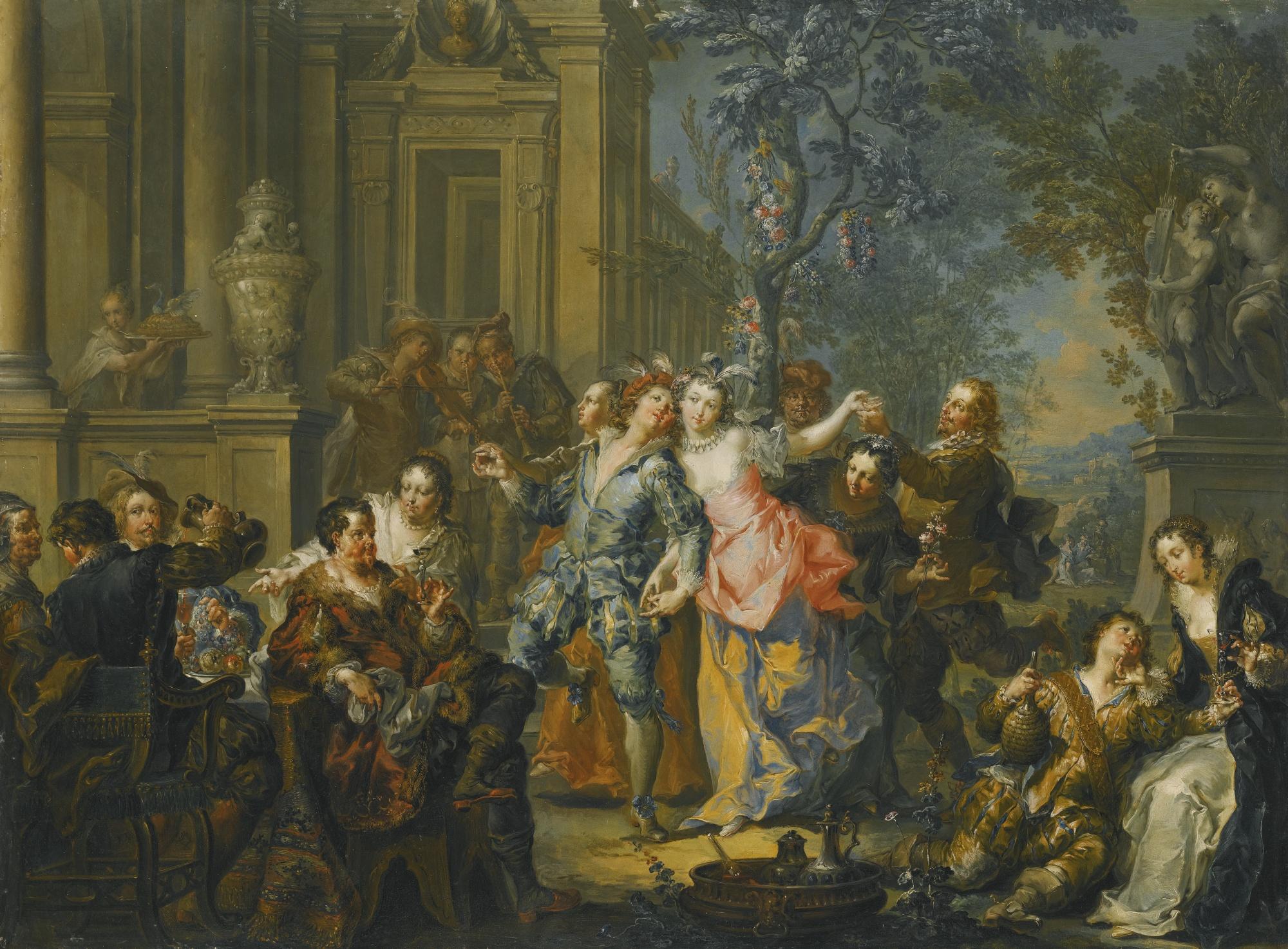 Johann Georg Platzer - An Elegant Company Making Merry Outside A Palace