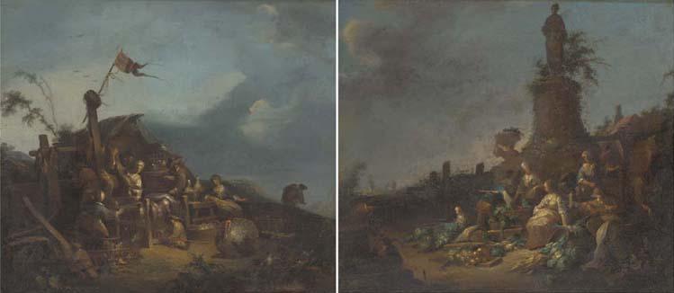 Johann Georg Trautmann - Poultry sellers by a shack; and Vegetable sellers by a cottage