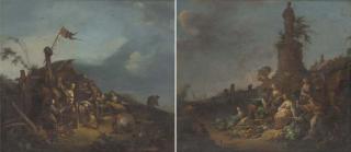 Johann Georg Trautmann - Poultry sellers by a shack; and Vegetable sellers by a cottage