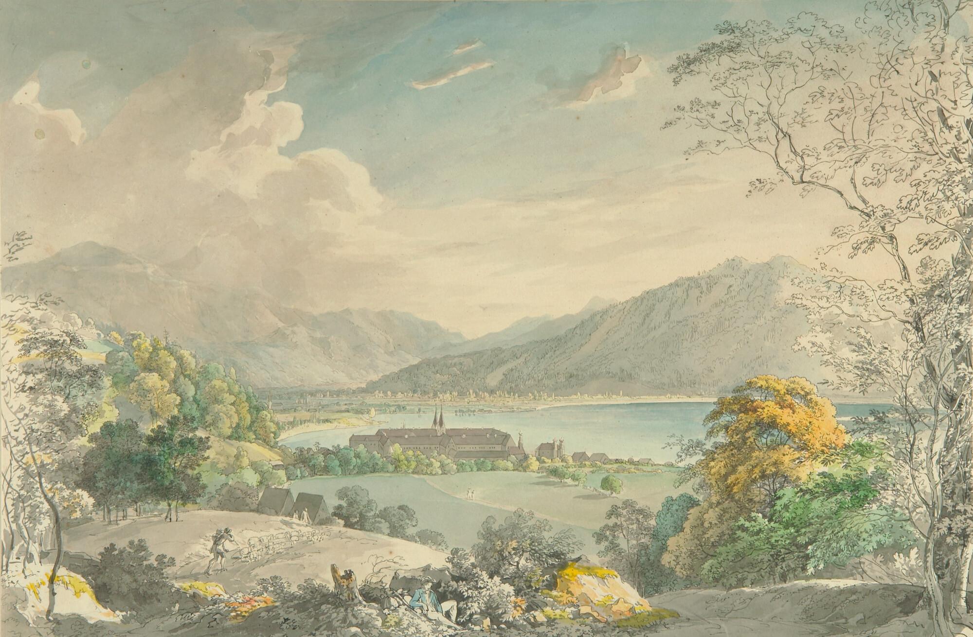 Johann Georg von Dillis - Blick auf Kloster Tegernsee, im Hintergrund die Kirche von Egern.