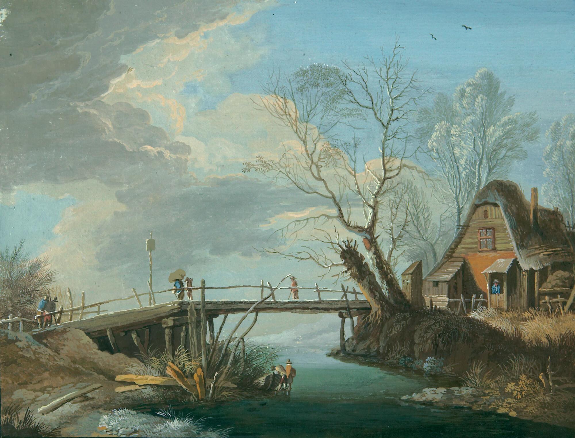 Johann Georg Wagner - Winterlandschaft mit Hütte und Steg.