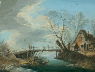 Johann Georg Wagner - Winterlandschaft mit Hütte und Steg.