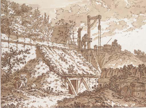 Johann Georg Wille - A hut built against a garden wall, figures drawing water at a well beyond