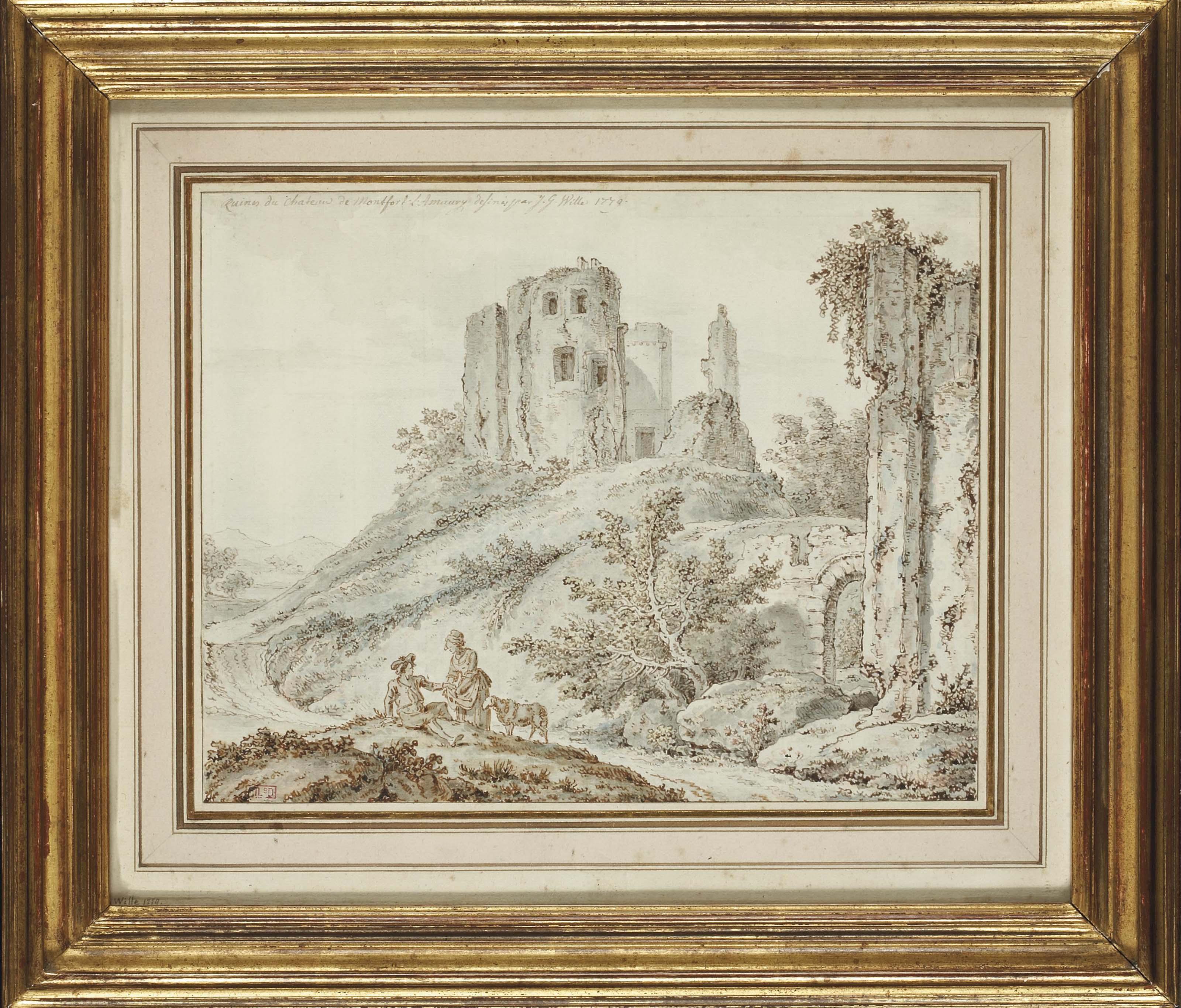 Johann Georg Wille - Ruines du château de Montfort l\'Amaury avec des bergers au premier plan