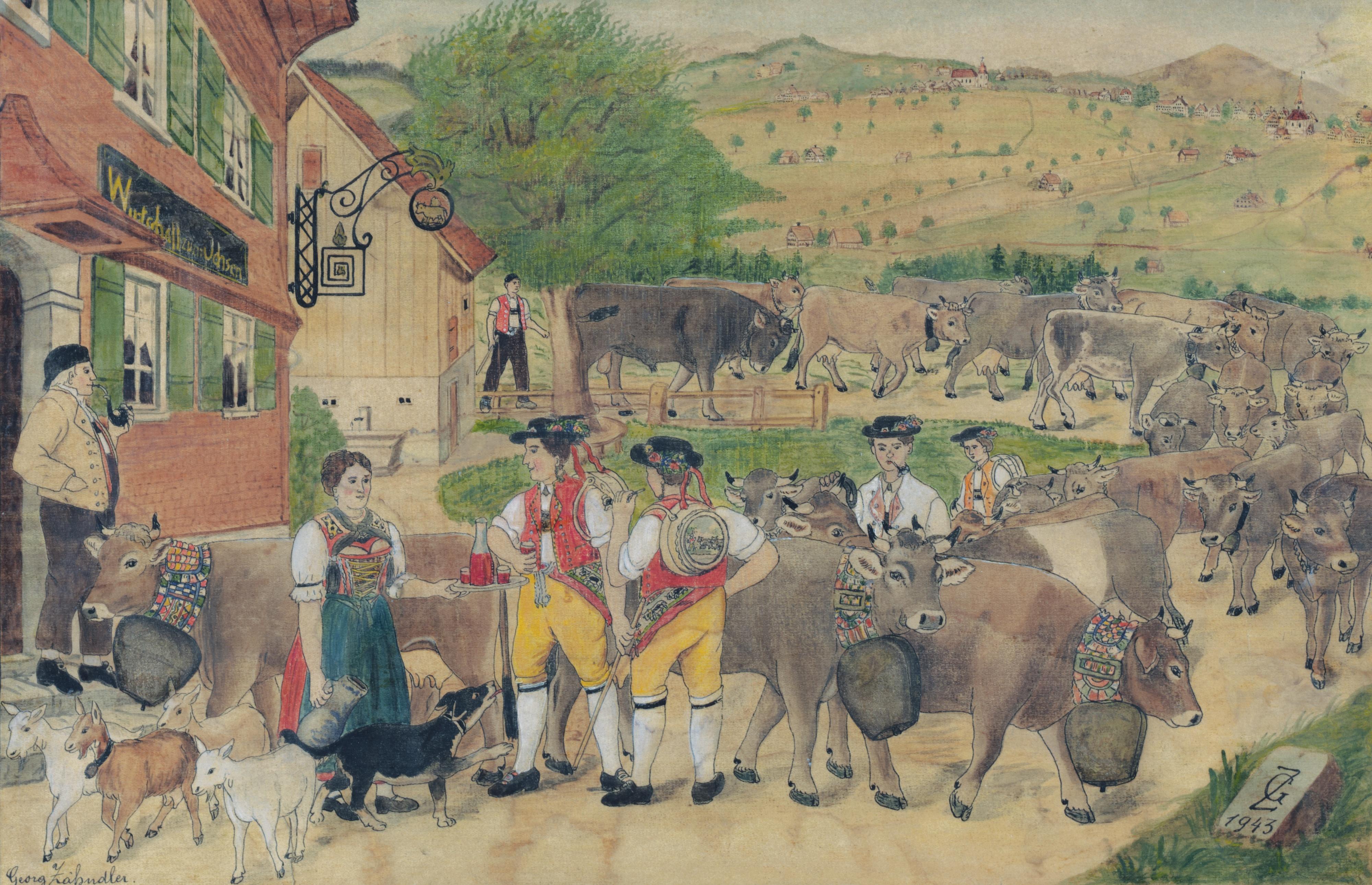 Johann Georg Zähndler - Sennen Und Kühe Vor Wirtschaft Zum Ochsen, 1943 \