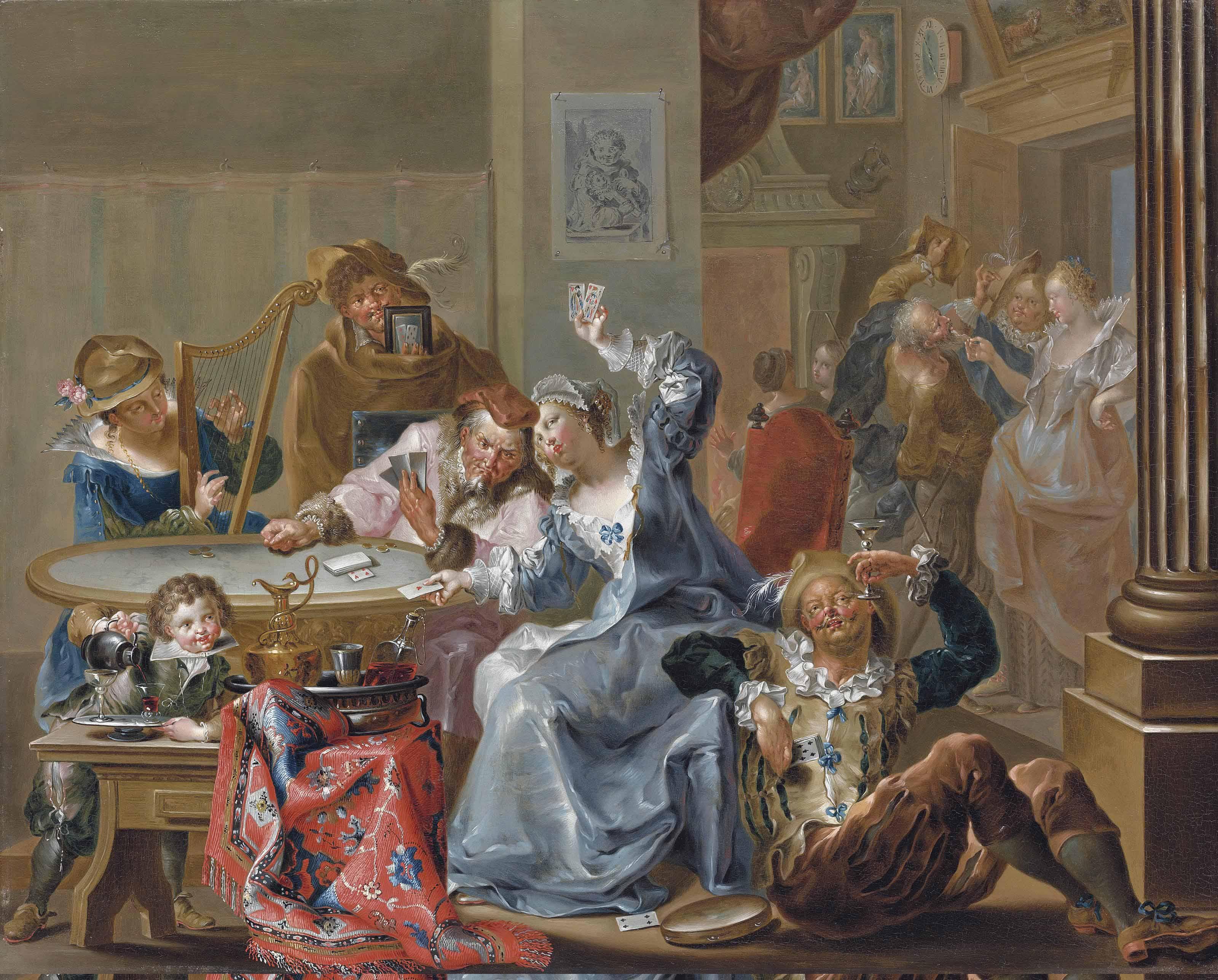 Johann George Platzer - An Interior With Elegant Figures Playing Cards And Merry-Making