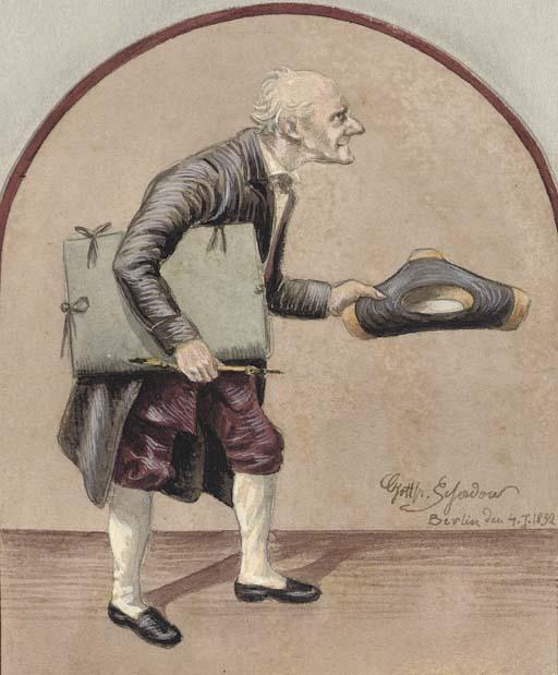 Johann Gottfried Schadow - A caricatured self-portrait with portfolio and chalkholder
