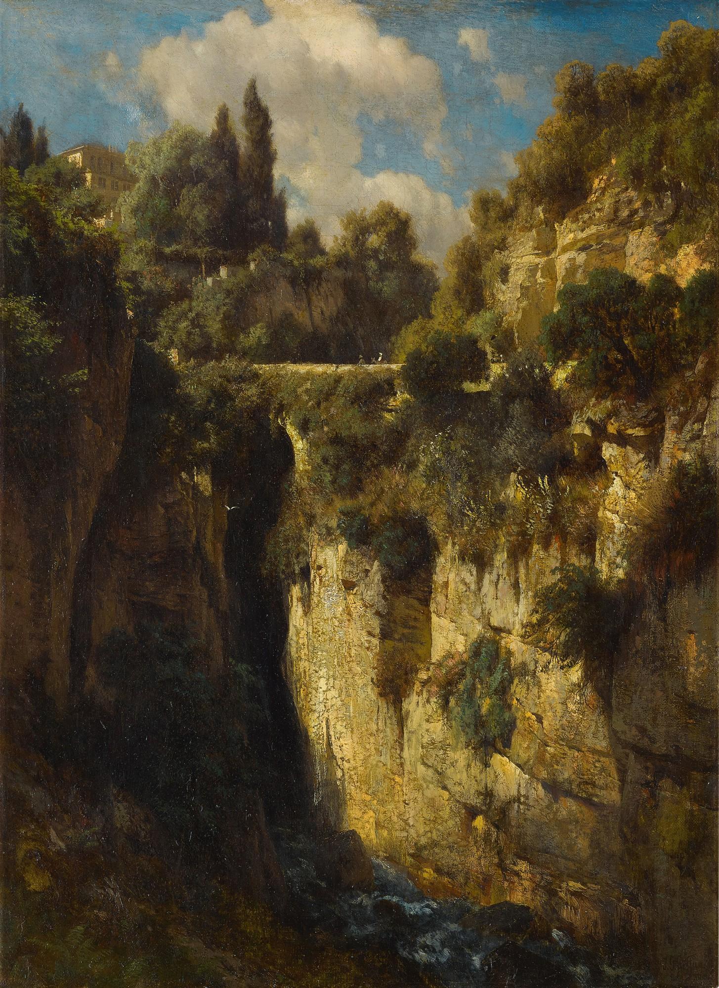 Johann Gottfried Steffan - A Mountainous Landscape with a Waterfall