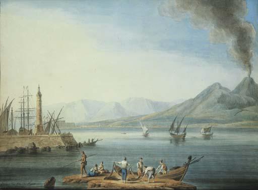 Johann-Gottlieb Hackert - Pescatori al golfo di Napoli, con il molo e il Vesuvio sullo sfondo