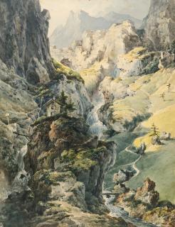Johann Grund - Kapelle vor Wasserfall im Gebirge