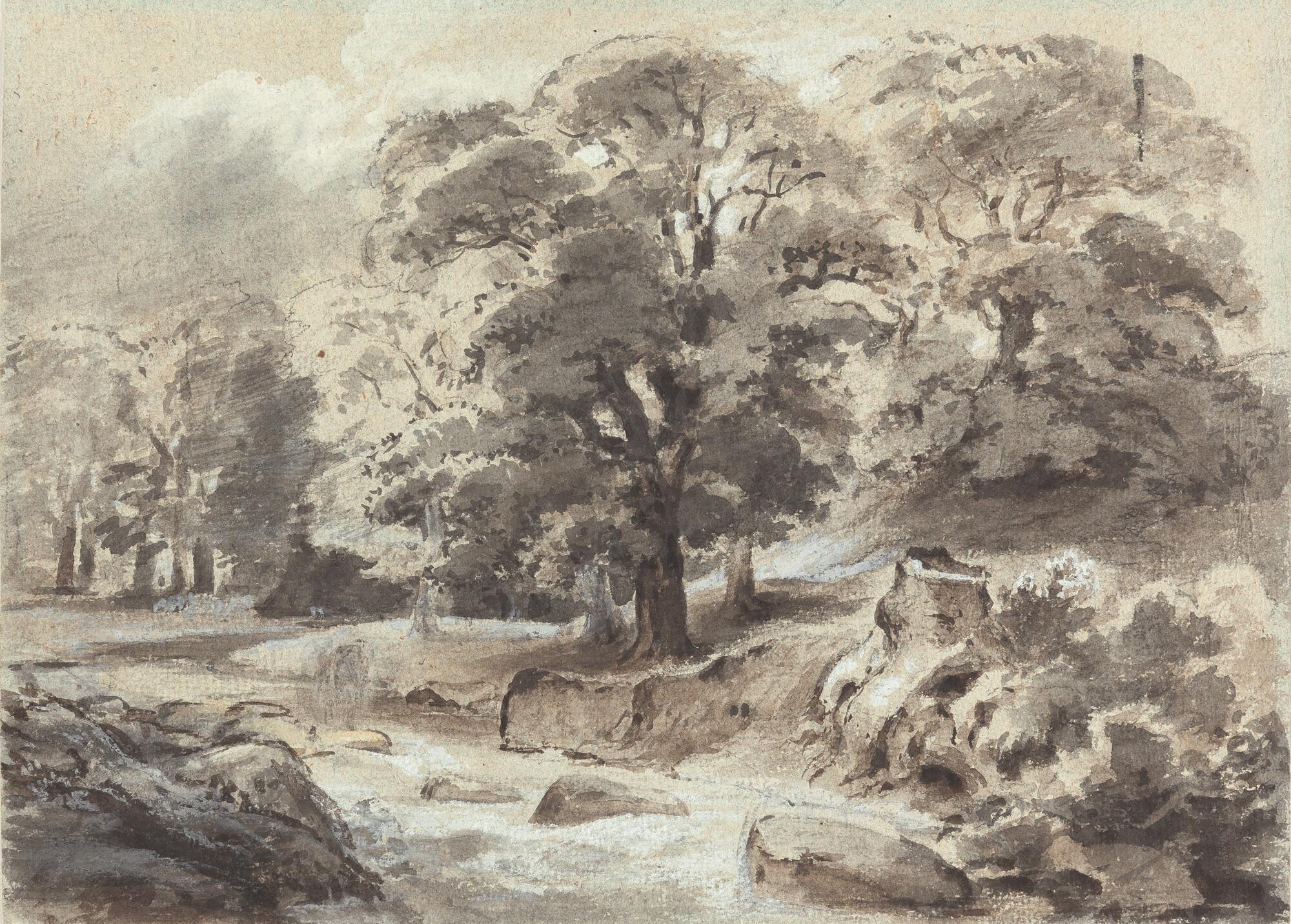 Johann Heinrich Fischbach - Hohe Bäume an einem Bach