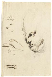 Johann Heinrich Füssli - The head of Martha Hess, with studies of fingers and mouths (recto); Two compositional studies for classical scenes (verso)