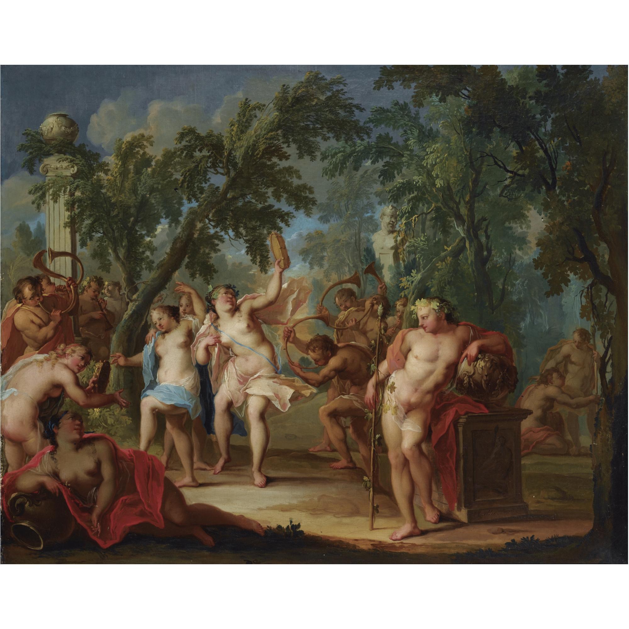 Johann Heinrich Keller - A Bacchanal In A Forest Landscape With Dancing Nymphs And Satyrs Playing The Horns
