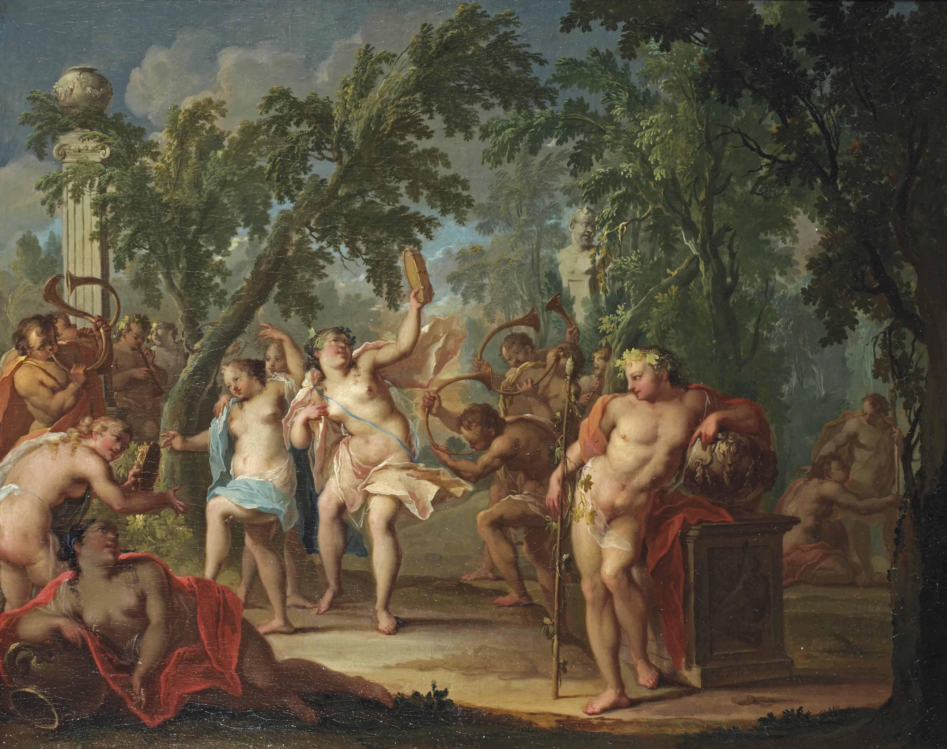 Johann Heinrich Keller - A Bacchanal In A Wooded Landscape With Nymphs Dancing And Satyrs Blowing Horns