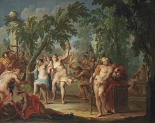 Johann Heinrich Keller - A Bacchanal In A Wooded Landscape With Nymphs Dancing And Satyrs Blowing Horns