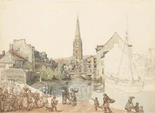 Johann-Heinrich Luttringhausen - Une vue de Harfleur en Normandie, avec un marché sur les berges de la Seine