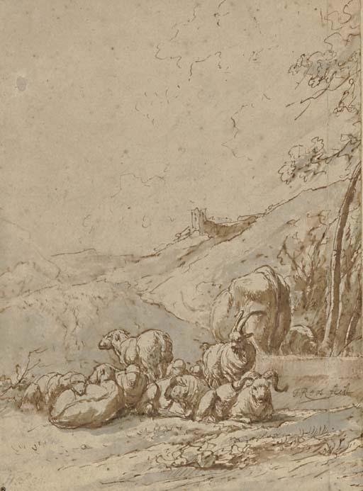 Johann Heinrich Roos - A group of goats resting in a landscape, a castle in the distance