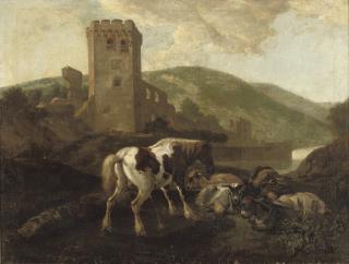 Johann Heinrich Roos - A horse, donkey, goats, dog and sleeping shepherd in front of a ruin