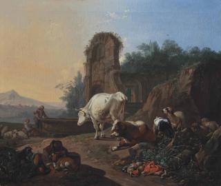 Johann Heinrich Roos - A Pastoral Landscape With A Sleeping Herdsman, Cattle, Goats And Sheep, A Fountain And Architectural Ruins Beyond