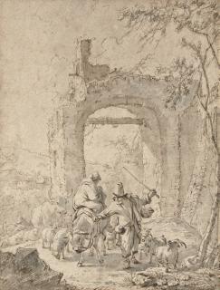 Johann Heinrich Roos - A peasant family and their animals by ruins
