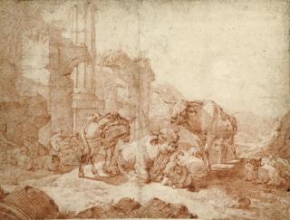Johann Heinrich Roos - A Peasant Family And Their Animals Resting By Classical Ruins