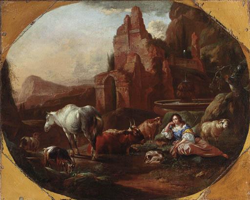 Johann Heinrich Roos - An italianate landscape with a shepherdess resting by a fountain