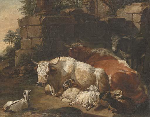 Johann Heinrich Roos - Bulls, goats, sheep and a donkey before a ruined wall, a landscape beyond