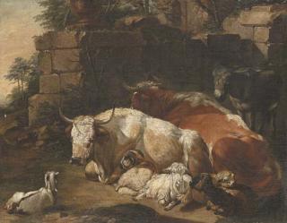 Johann Heinrich Roos - Bulls, goats, sheep and a donkey before a ruined wall, a landscape beyond