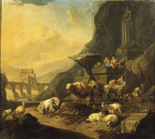 Johann Heinrich Roos - Capriccio con pastori e armenti presso una fontana nella campagna laziale