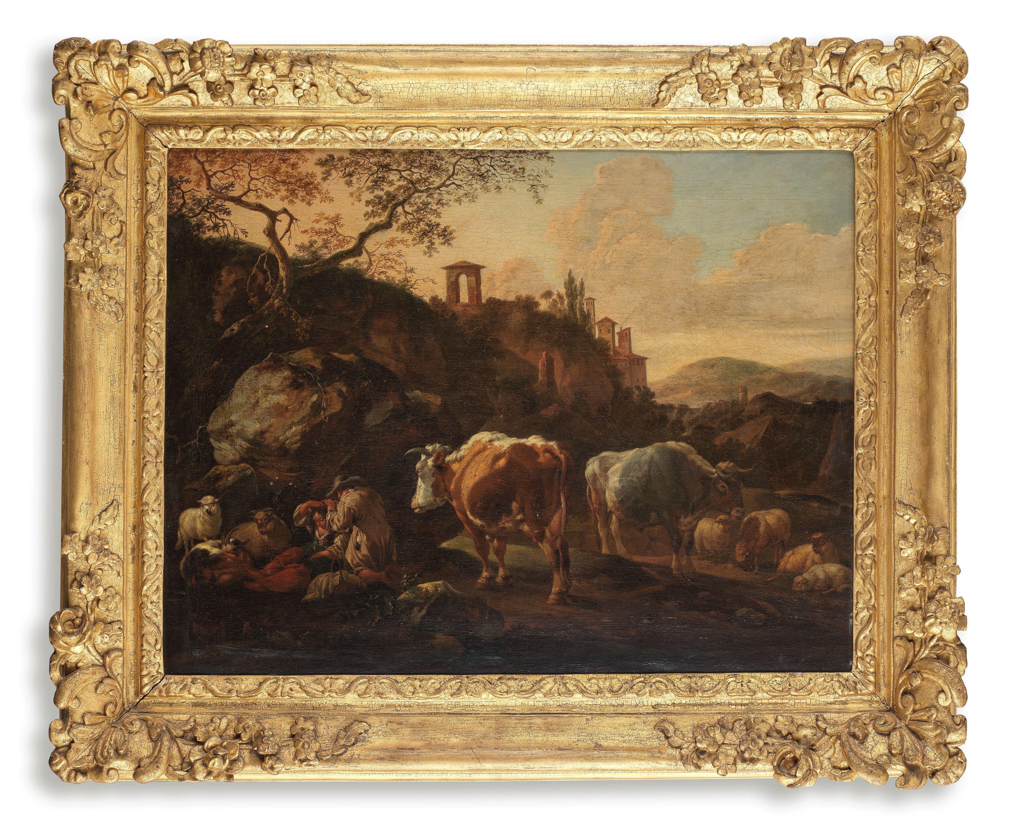 Johann Heinrich Roos - Drovers resting with sheep and cattle in a landscape