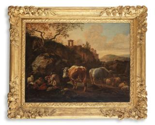 Johann Heinrich Roos - Drovers resting with sheep and cattle in a landscape