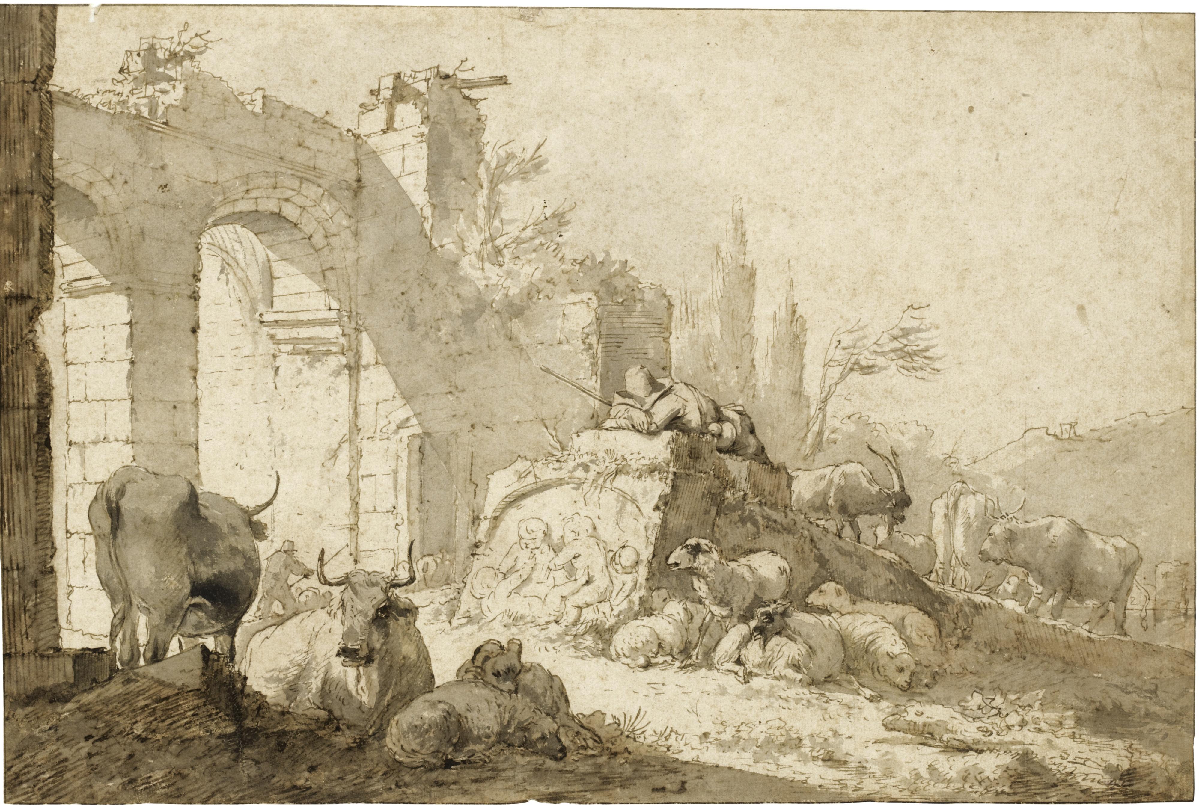 Johann Heinrich Roos - Peasants And Their Animals Resting Among Classical Ruins