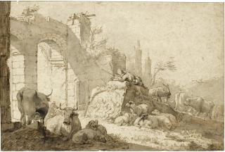 Johann Heinrich Roos - Peasants And Their Animals Resting Among Classical Ruins
