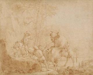 Johann Heinrich Roos - Three herdsmen in a landscape taming a bull