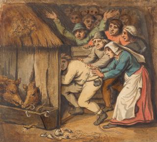 Johann Heinrich Wilhelm Tischbein - Ein Mann wird von Frauen in einen Schweinestall getrieben.