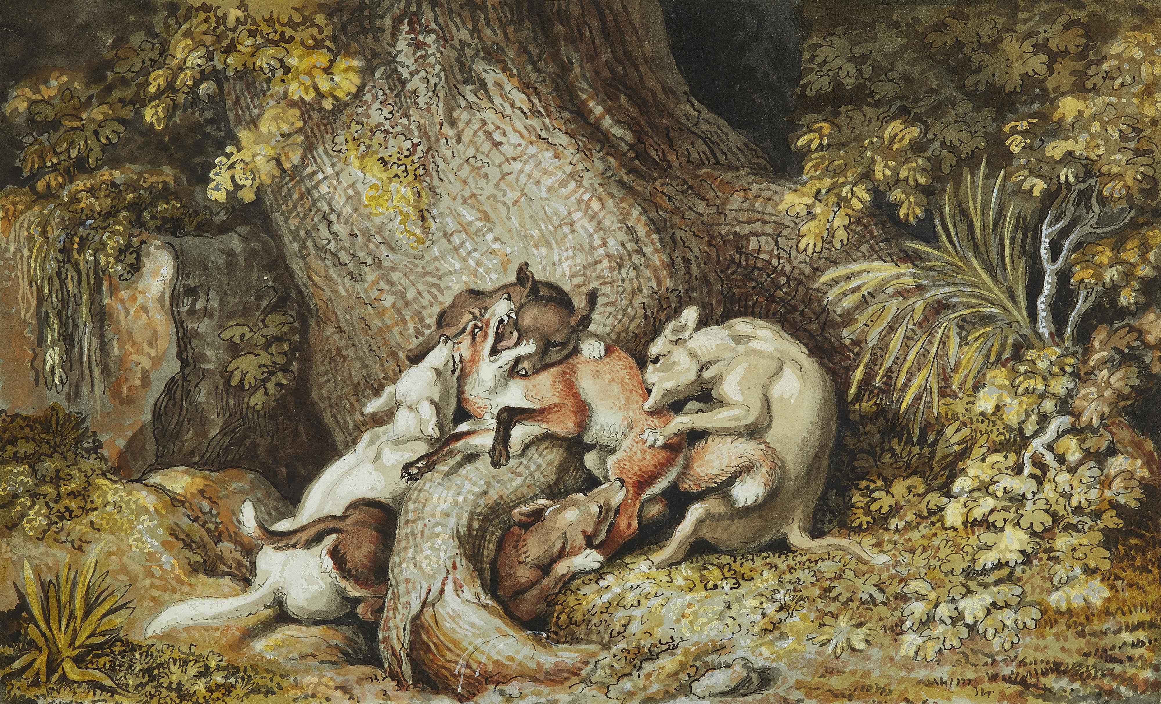 Johann Heinrich Wilhelm Tischbein - Hunde bekämpfen einen Fuchs an einem Baumstamm
