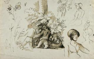 Johann Heinrich Wilhelm Tischbein - Studienblatt mit Figuren, Pflanzen und einer Eule.