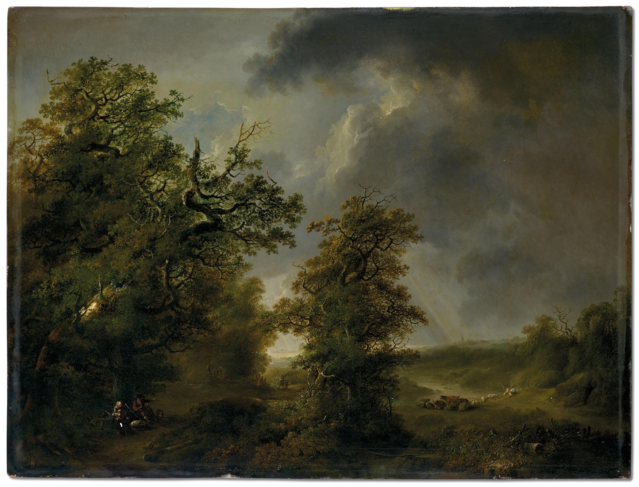 Johann Heinrich Wüst - Bewaldete Flusslandschaft mit Bauersleuten und Kühen im Regensturm