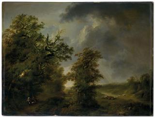 Johann Heinrich Wüst - Bewaldete Flusslandschaft mit Bauersleuten und Kühen im Regensturm