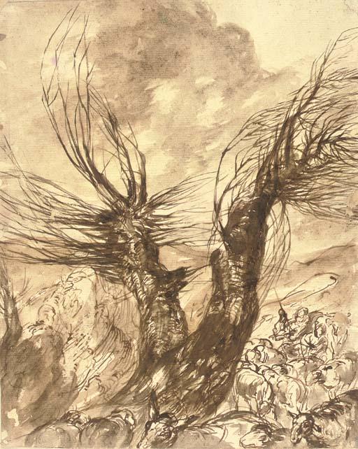 Johann Henrich Roos - A pollarded willow with a shepherd and his flock