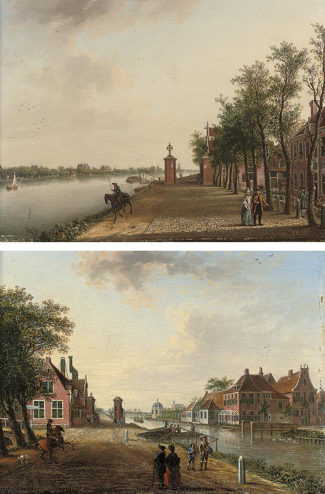 Johann Jacob Koller - A figure on horseback and others by a canal; and Figures strolling by a canal