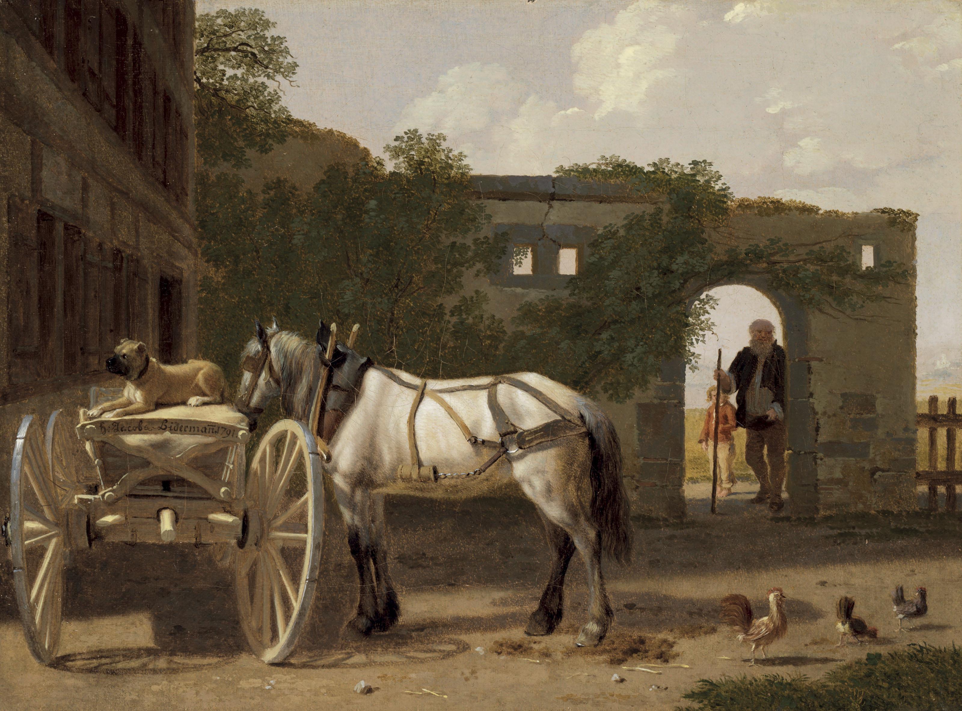 Johann Jakob Biedermann - A Horse, Dog And Chickens By A Cart In A Square With A Man And Boy Viewed Through A Portal In The Background