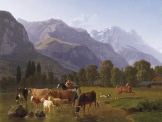 Johann Jakob Biedermann - Blick von oberhalb Schattdorf (Kt. Uri) Richtung Uri-Rotstock mit Kirchspitze der Stiftskirche Schattdorf, 1812