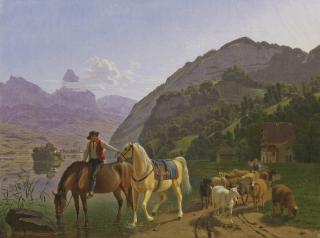 Johann Jakob Biedermann - Reiter Mit Zwei Pferden Und Herde, 1809 Rider With Two Horses And Herd, 1809