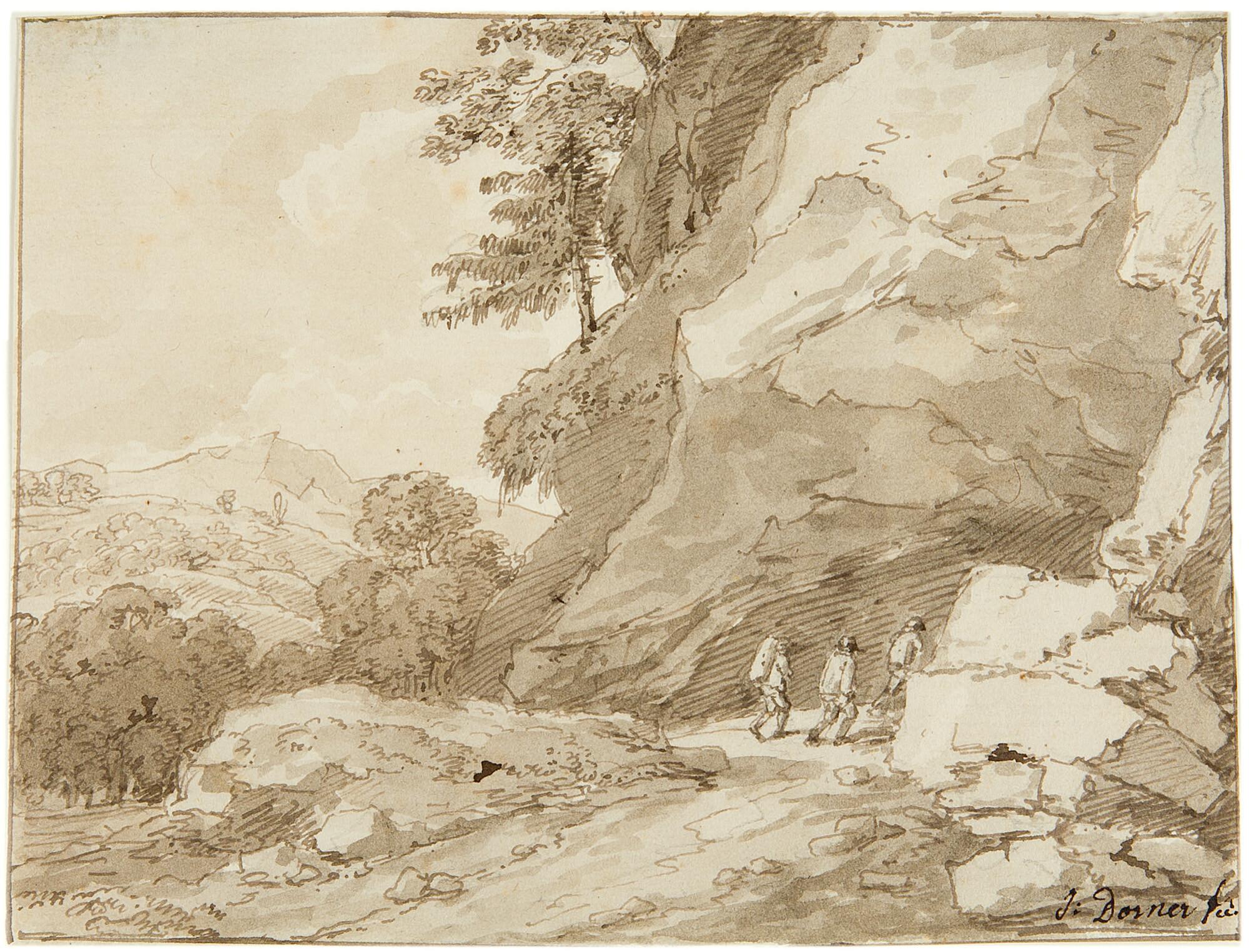 Johann Jakob Dorner d. J. - Gebirgslandschaft mit drei Wanderern.
