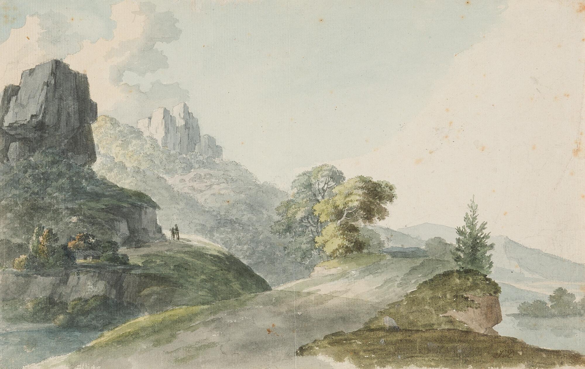 Johann Jakob Dorner d. J. - Landschaft mit steil aufragenden Felsen und Ausblick in ein