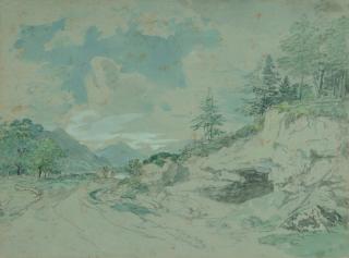 Johann Jakob Dorner d. J. - Steinbruch bei einem See mit Straße und Wanderern.