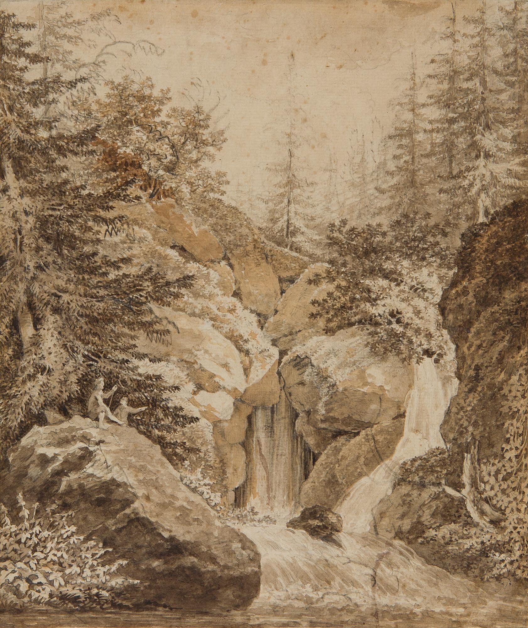 Johann Jakob Dorner d. J. - Zwei Wanderer vor einem Wasserfall in felsiger Landschaft.